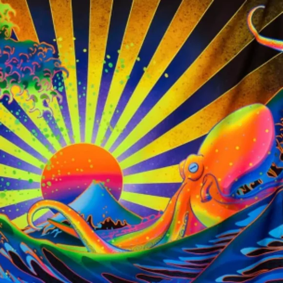 Black Light Great Wave Dark Neon Wall Art Blacklight Octopus Sunrise Tapestry